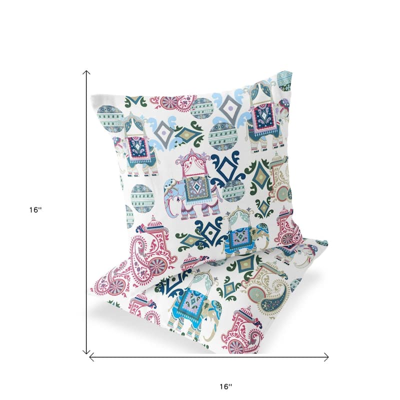 HomeRoots Set of Two 16" X 16" Pink and White Elephant Blown Seam Eclectic Indoor Outdoor Throw Pillow
