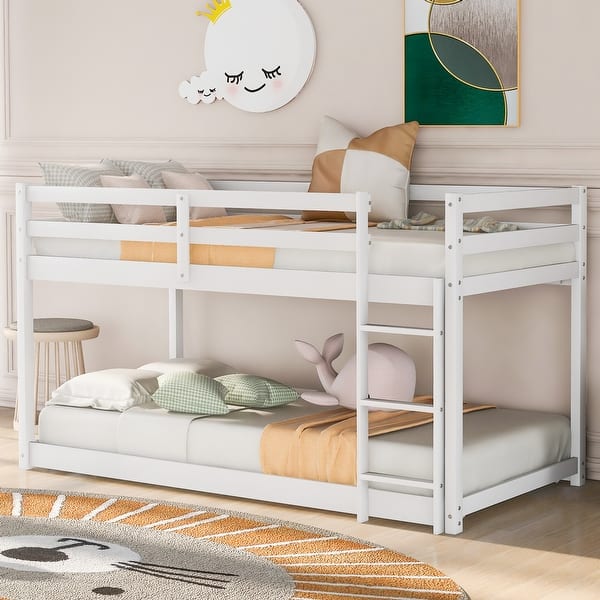 slide 2 of 12, Twin over Twin Low Bunk Bed with Ladder, Solid Wood Construction, Safety Guardrails, No Box Spring Needed, White White