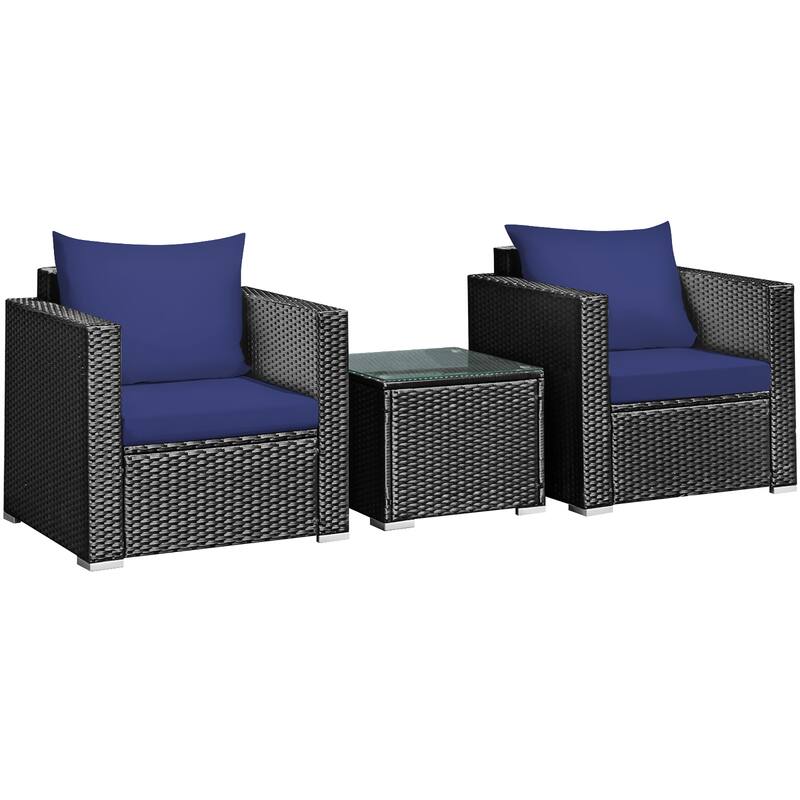 3 PCS Patio Wicker Bistro Set Outdoor Rattan Sofa and Table Set - Navy