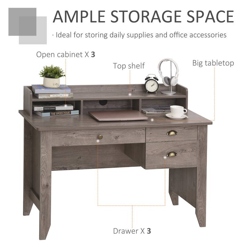 HOMCOM Computer Table Writing Desk with Hutch 3 Drawers, Open Cabinets, Top Shelf, Wide Tabletop, Cable Management, Grey