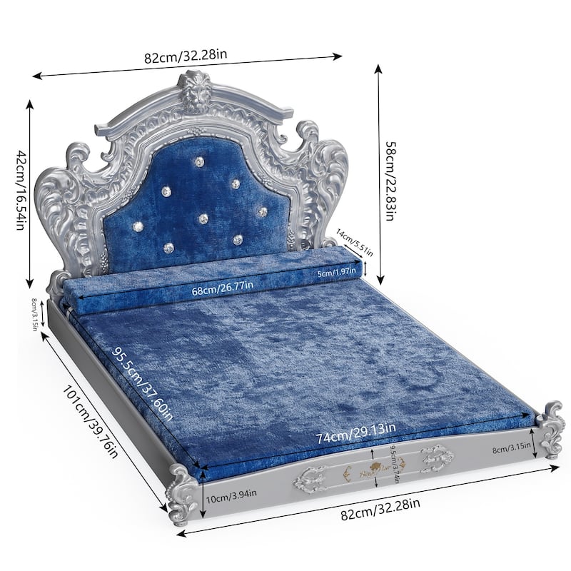 Silver Baroque Soft Velvet Cover Dog Bed Pet Sofa Furniture With Tufted Headboard Diamonds Decor