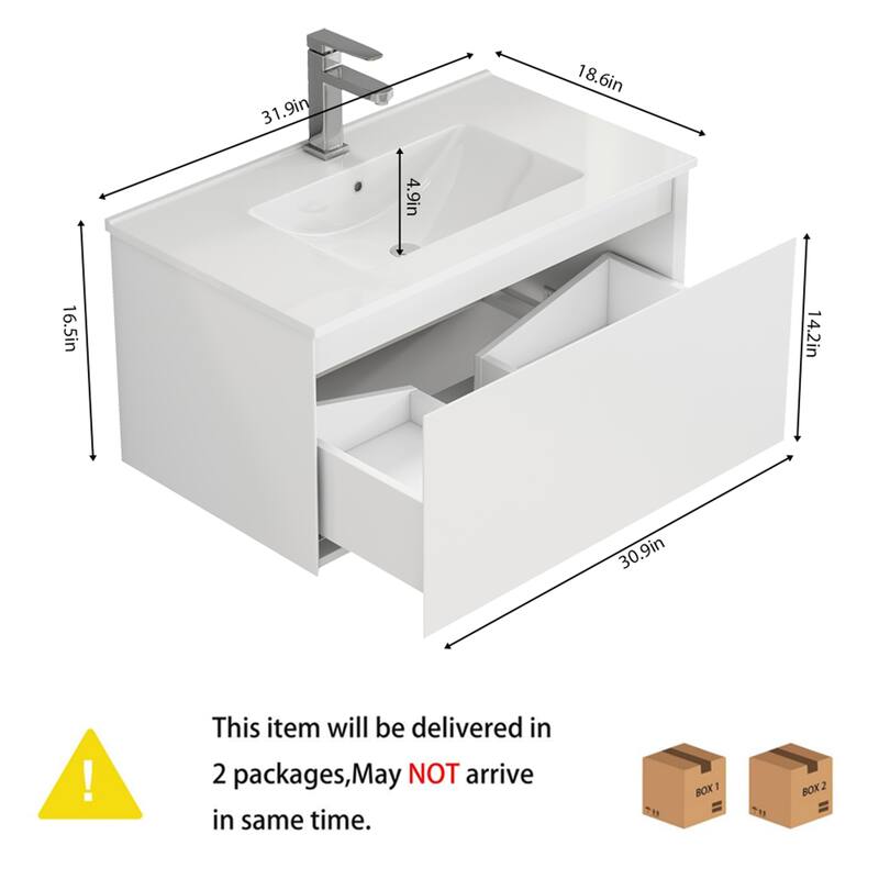 Wall-Mounted Bathroom Vanity, Floating Single Drawer Cabinet, 32 Inch Integrated Ceramic Sink