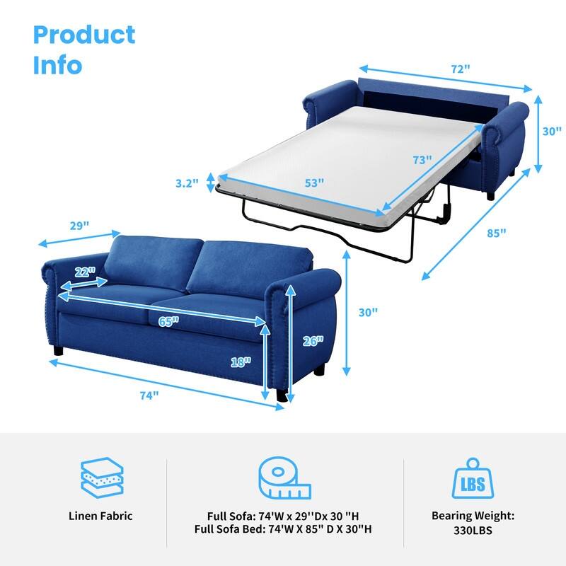 Mixoy Full/Queen Size Pull Out 2 in 1 Sleeper Sofa Bed with Mattress,Convertible Upholstered Loveseat with Nailhead