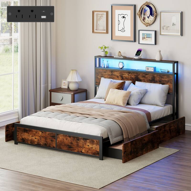 Gymax Full Size LED Bed Frame w/2-Tier Storage Headboard & 4 Drawers