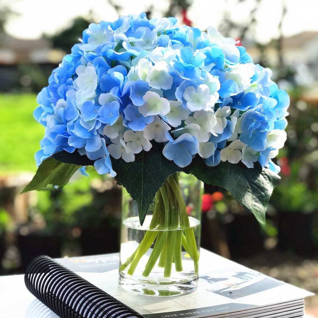 Enova Home Blue Cream Artificial Silk Hydrangea Fake Flowers Arrangement in Clear Glass Vase with Faux Water for Home Decoration