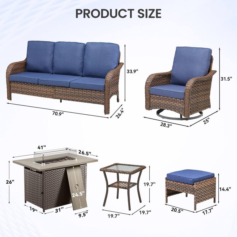 Pocassy Patio Sofa Swivel Chairs Ottoman with Fire Table Funiture