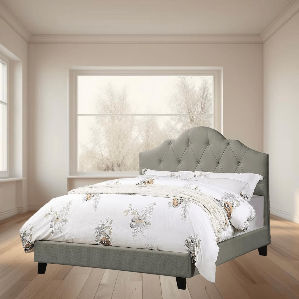 Queen Size Adjustable Headboard Upholstered Platform Bed Frame with Arch Design and Tufted Fabric, Bedroom Furniture