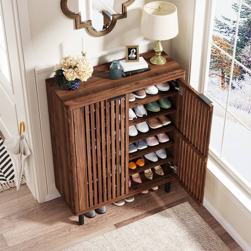 Wooden Shoe Cabinet with Shutter Doors, Adjustable Shelves Large Hidden Storage Organizer Rack for Entryway Hallway