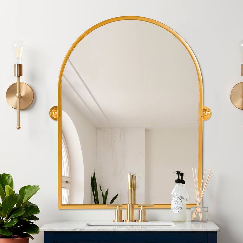 Iron Metal Frame Rectangular Windowpane Wall Mirror Farmhouse Rustic Elegant Decor for Living Room Bedroom Bathroom Entryway - 36" x 24" - Gold Arch