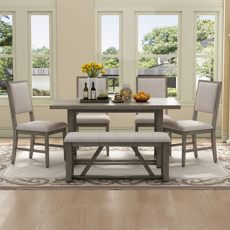 Casual Dining Table Set Gray Wooden Dining Table Set Mid-Century Modern Dining Table Set with 4 Upholstered Chairs and Bench - Gray