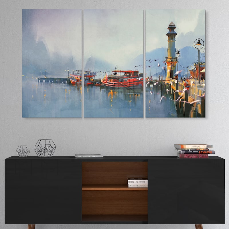 Designart 'Fishing Boats in Harbor' Landscape Metal Wall Art