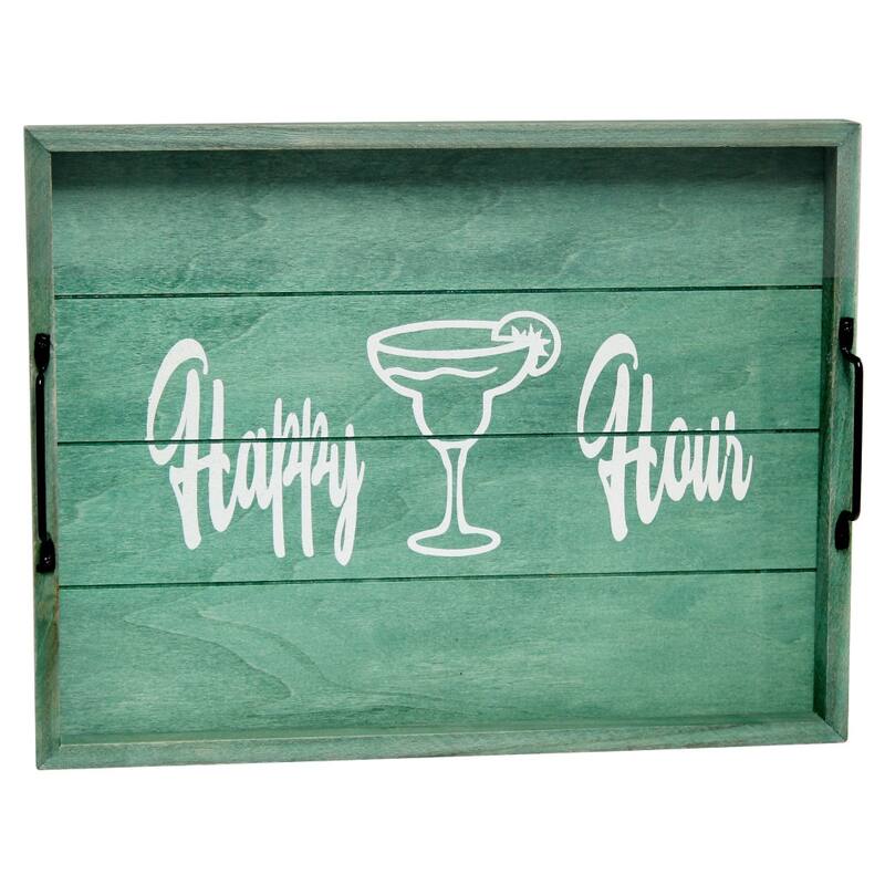 HomeRoots 16" Aqua And White Happy Hour Serving Tray With Handles - 15.50 in. x 2.25 in. x 12.00 in.