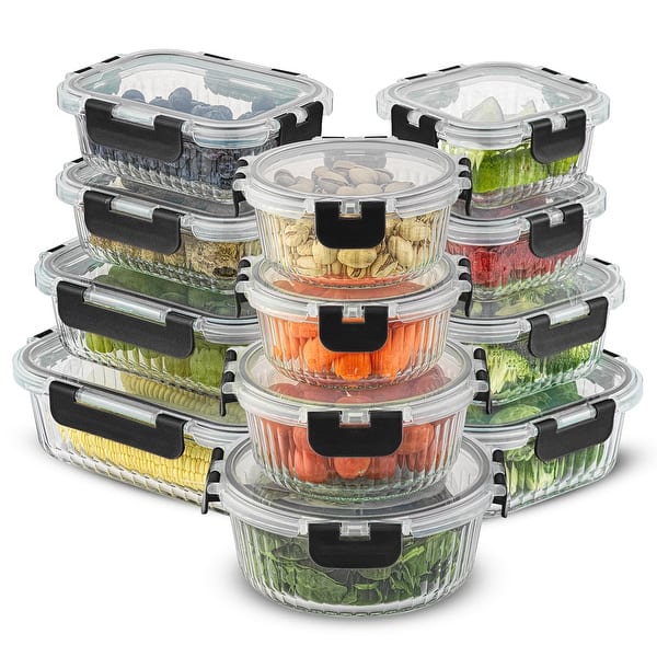JoyJolt 24-Piece Fluted Glass Food Storage Container Set with Lids - 13.5 oz. 20.5 oz. 32 oz. 5.2 in. 5.9 in. 6.75 in. - Black