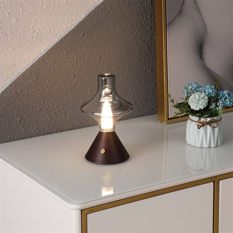 Built-In Battery Mushroom Glass Desk Lamp Rechargeable Integrated LED Bedside Table Lamp - Black