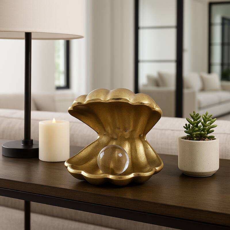 Metal Glass Figurine Clam Shape Pearl Detail Coastal Decor - 4.75"