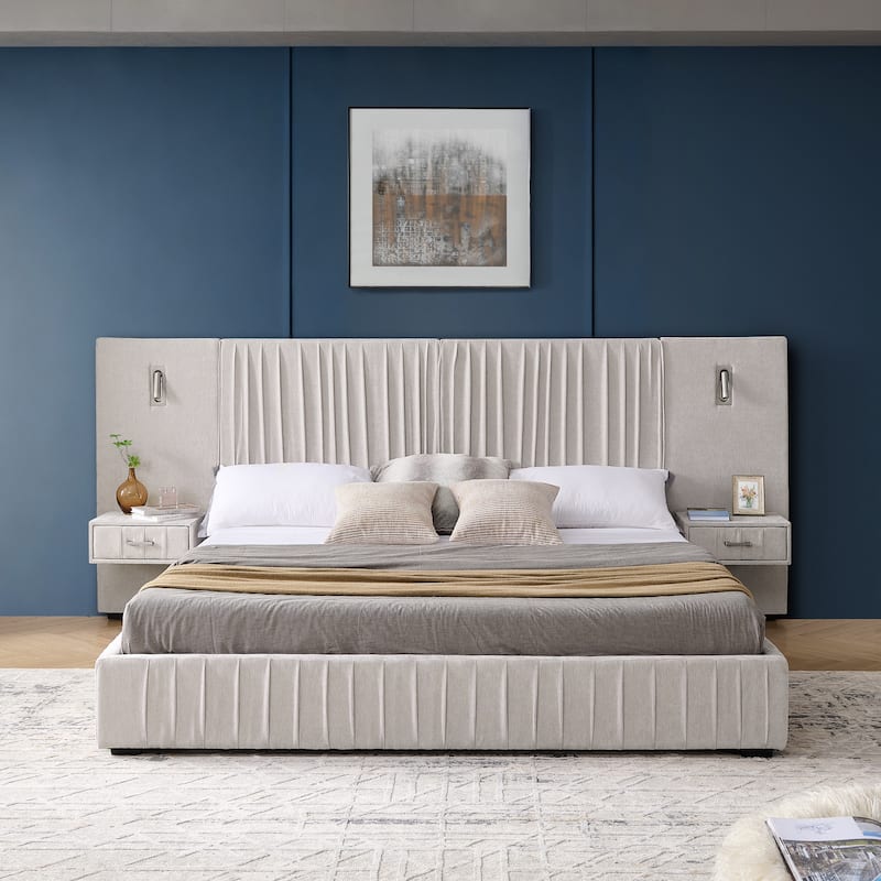 King Size Upholstered Bed Frame with Chenille fabric with pleated design,Grounded King Size Platform Bed