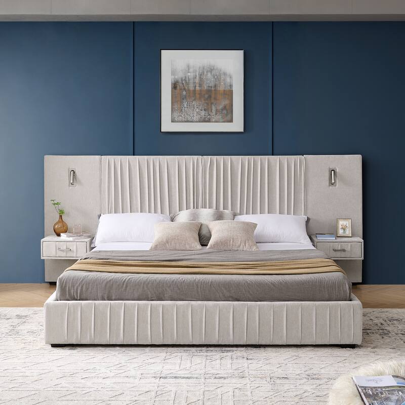 Roomfitters King Upholstered Chenille Platform Bed with Pleated Headboard and Built-In Bedside Tables, Solid Frame