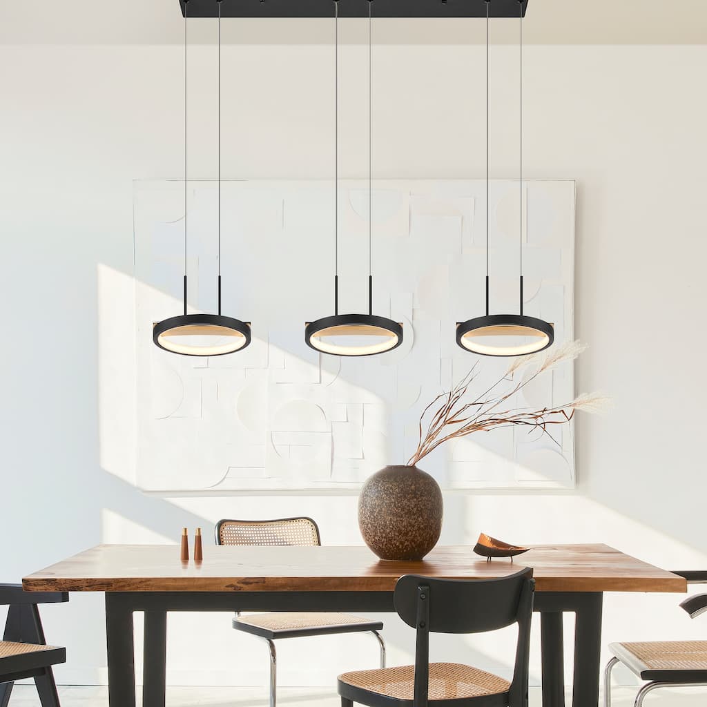 3 heads Satin Black & Wood Chandelier - N/A