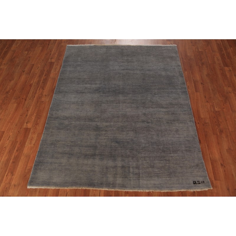 Modern Gabbeh Area Rug Oriental Hand-Knotted Grey Wool Carpet - 4'11" x 6'4"