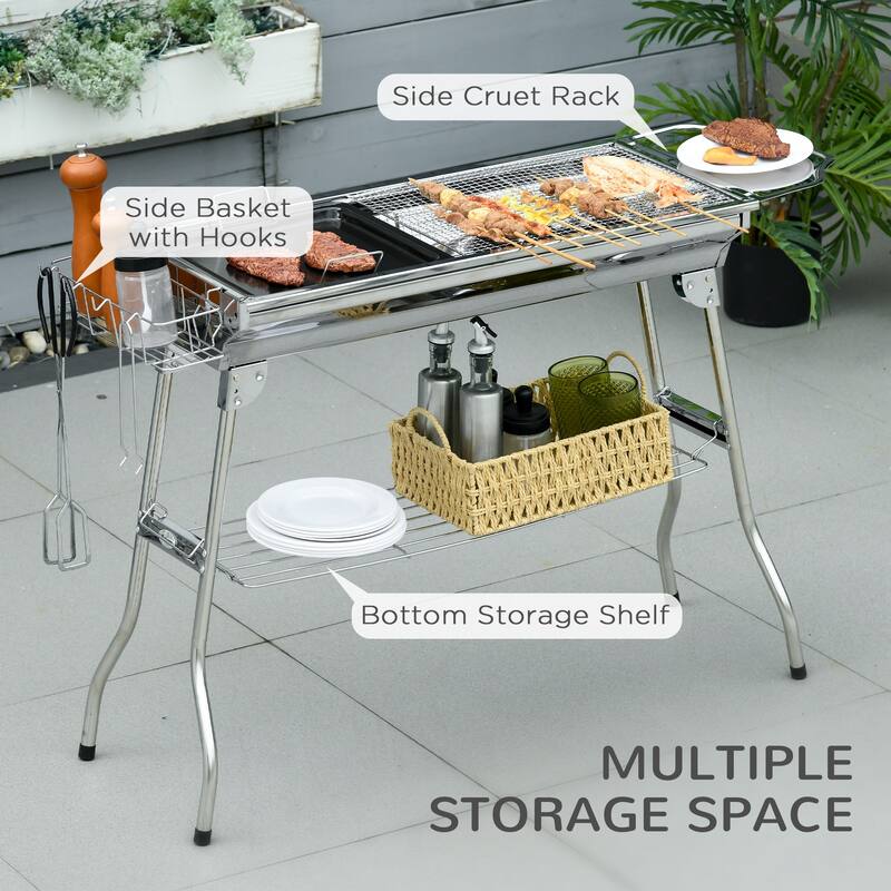 Charcoal Grill, Stainless Steel Portable Folding BBQ, Outdoor Hibachi, Tailgating and Travel with Pan