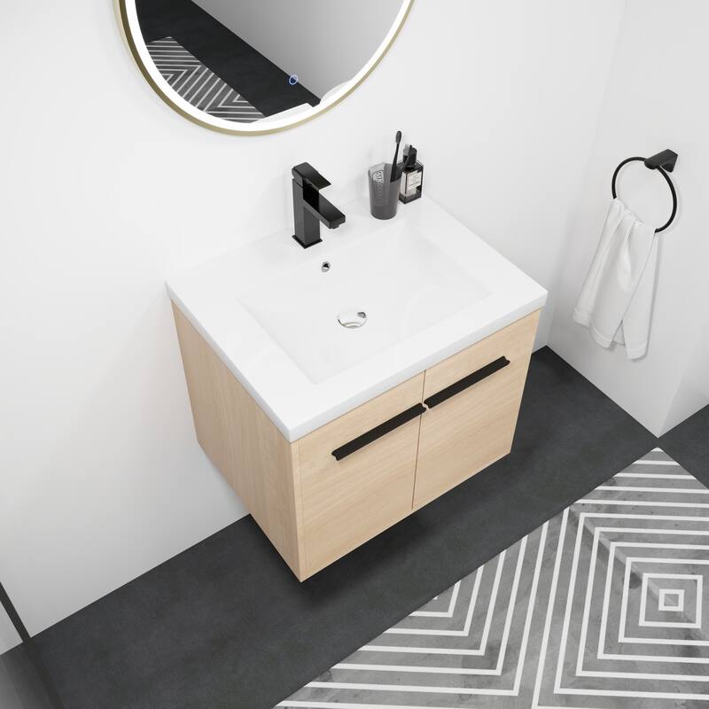 Fully Assembled Black 24 Inch Bathroom Vanity with Ceramic Countertop Sink, Oak 2 Doors Bathroom Cabinet Set