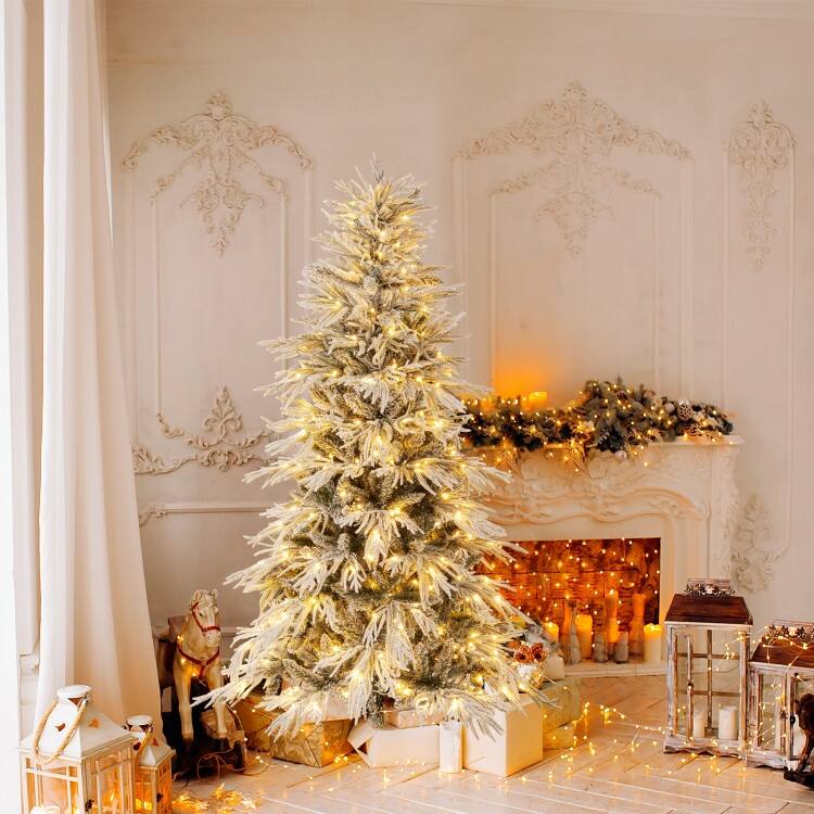 Pre Lit Snow Flocked Artificial Christmas Tree with Warm White LED Lights and Metal Stand