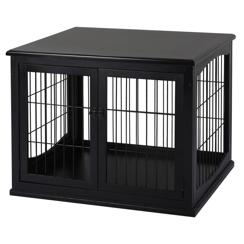 PawHut Dog Crate Furniture, Small Dog Cage End Table with Two Opening Sides, Lockable Door, Puppy Kennel Indoor - Black