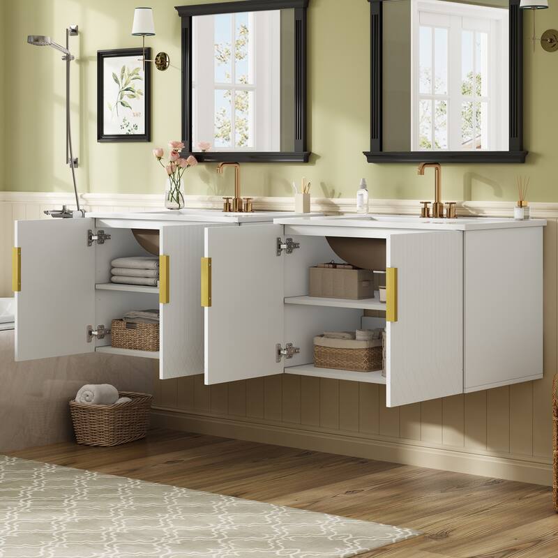 60"Bathroom Vanity with Ceramic Sink,with 3 Holes Single Ceramic Sink,Bathroom Storage Vanity Cabinet with 2 Soft Closing Doors