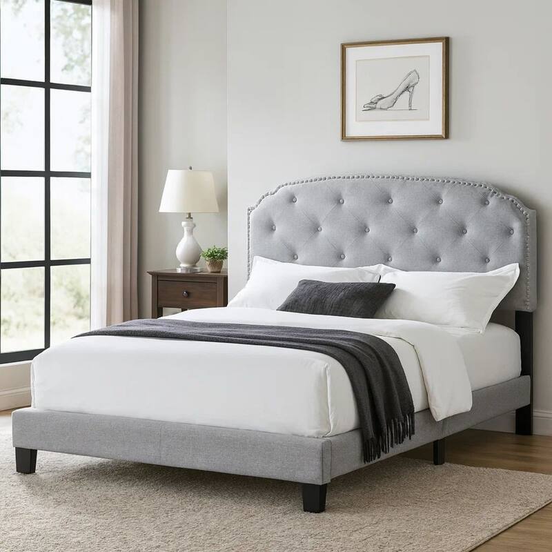 Twin Bed with Button Tufted Scalloped Headboard, Light Gray