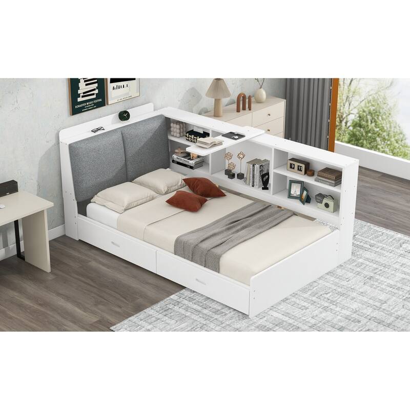 Wood Platform Bed with Storage Headboard, Shelves and 2 Drawers