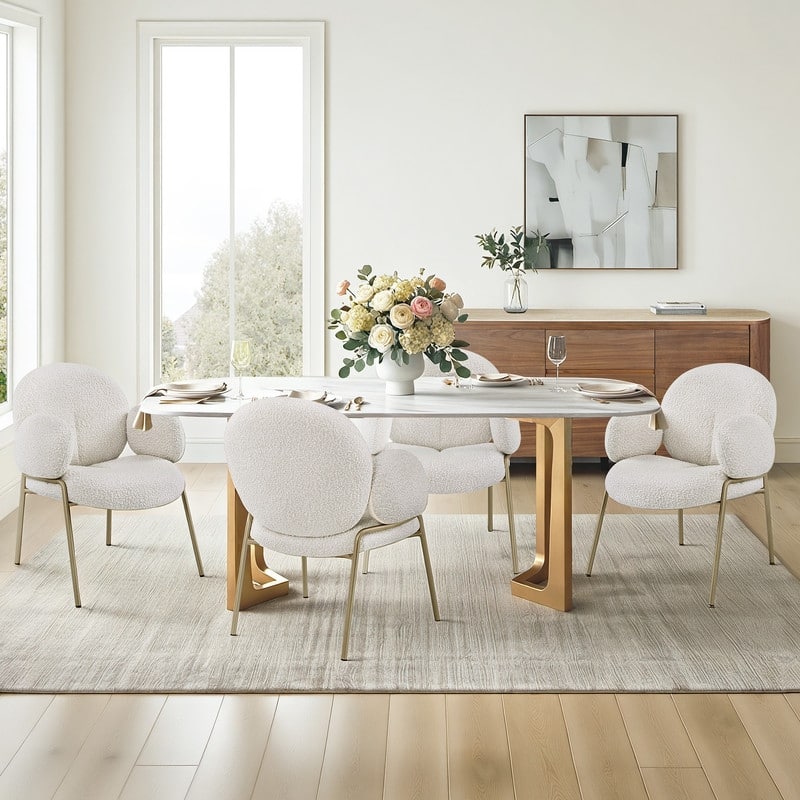 Spruce & Spring Modern Minimalist 63" Jazz White Marble Dining Table with Champagne Stainless Steel Base