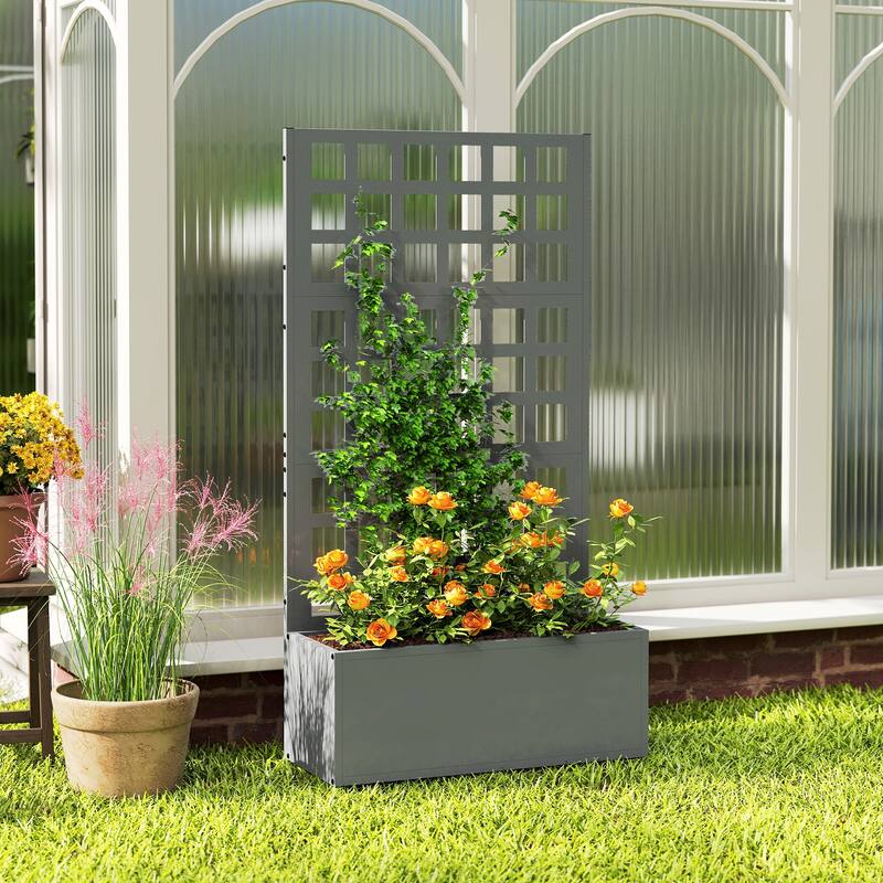 Outsunny Galvanized Raised Garden Bed with Trellis, Metal Planter Box with Drainage Holes