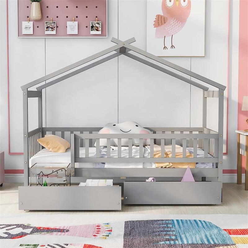 Twin House Bed with 2 Storage Drawers,Rails and Roof for Kids - Gray