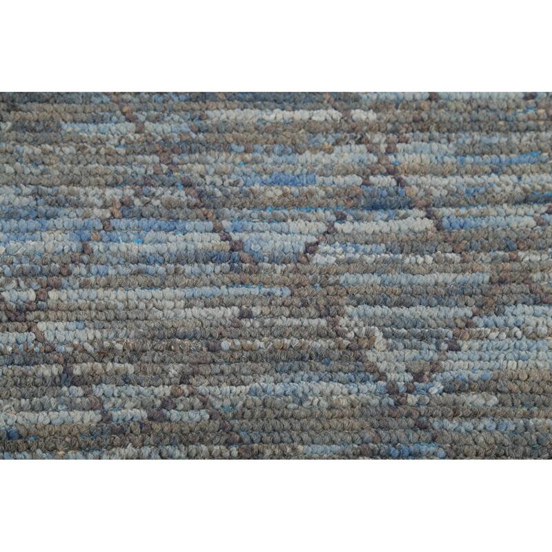 Striped Blue Trellis Moroccan Runner Rug Hand-Knotted Wool Carpet - 3'0"x 12'5"