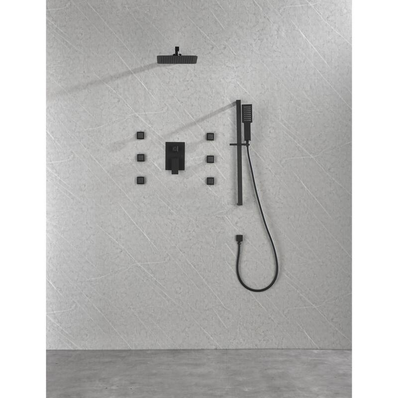 Wall mounted shower system with 6 body sprays and hand shower - Matte Black