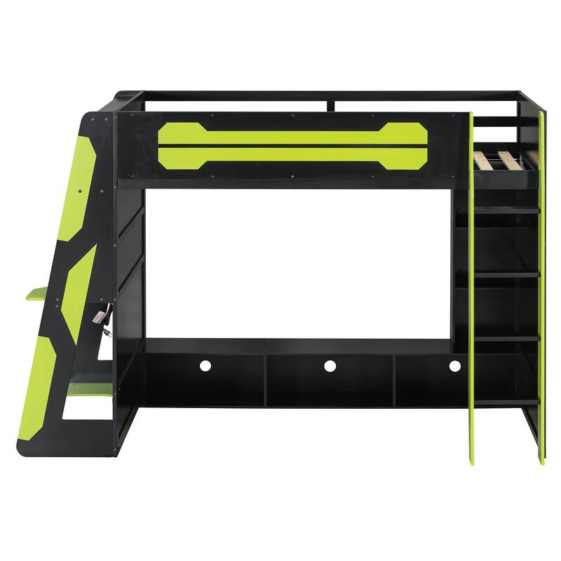 Twin Loft Bed with Esports Desk, RGB Lighting, and Gaming Storage Shelves