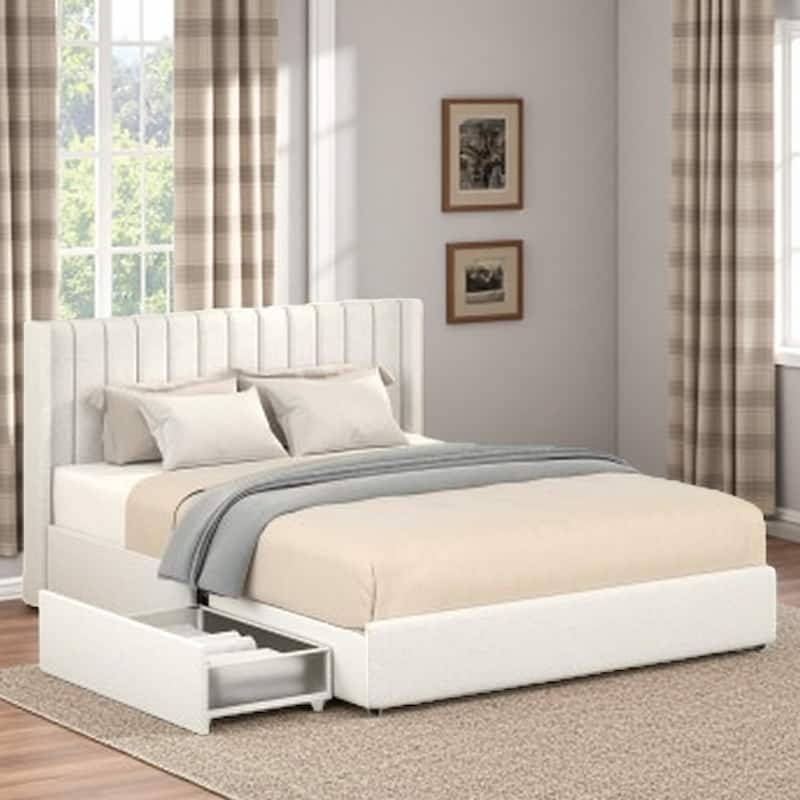 Queen Size Ivory Boucle Upholstered Platform Bed with Tufted Headboard & 2 Under-Bed Storage Drawers, No Box Spring Required - Ivory