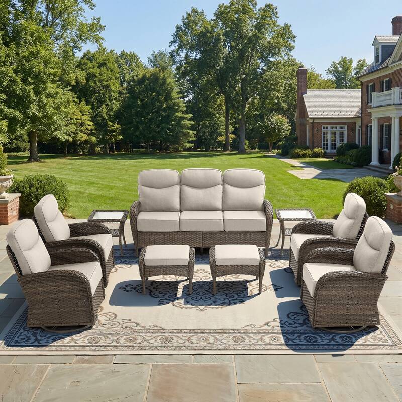 Pocassy Outdoor Wicker Patio Sofa with Swivel Chair Ottoman Sets - Brown Wicker Beige Cushion - 9-Piece Sofa Swivel Chair with Ottoman