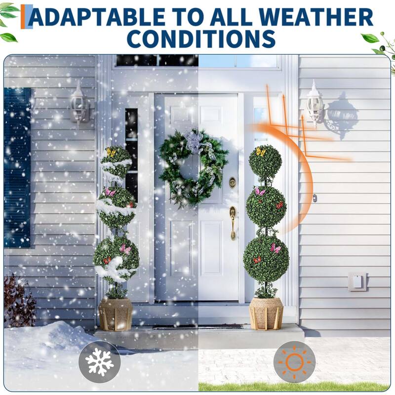 3 FT Artificial Double Ball Topiary Trees, Artificial Plants Outdoor with Vines & Insects Decoration, Set of 2