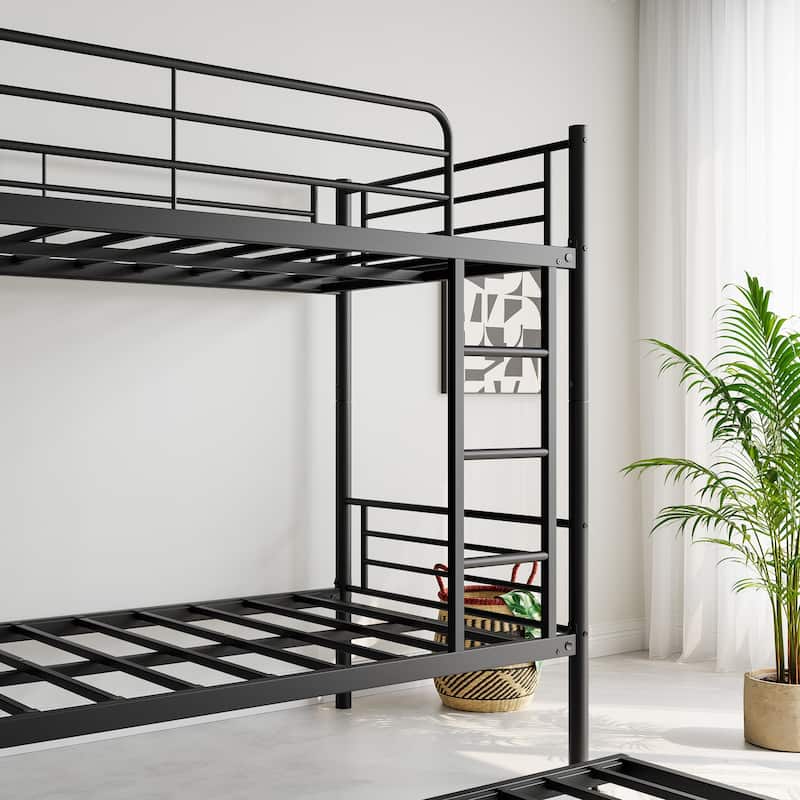 Space-Saving Twin Metal Bunk Bed with Trundle, Ladder, and Full-Length Guardrail, No Box Spring Needed