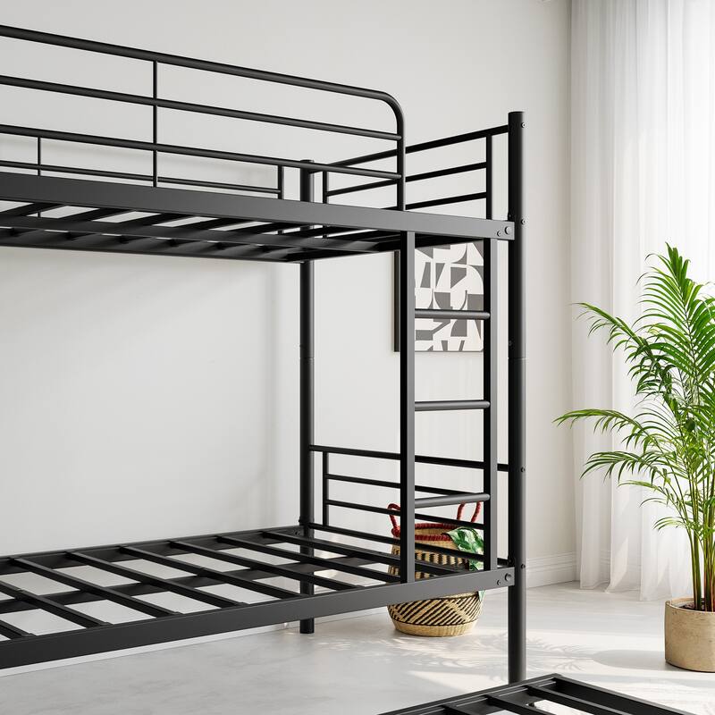 Twin Size Metal Bunk Bed with Trundle, Ladder and Full-Length Guardrail, Noise Free