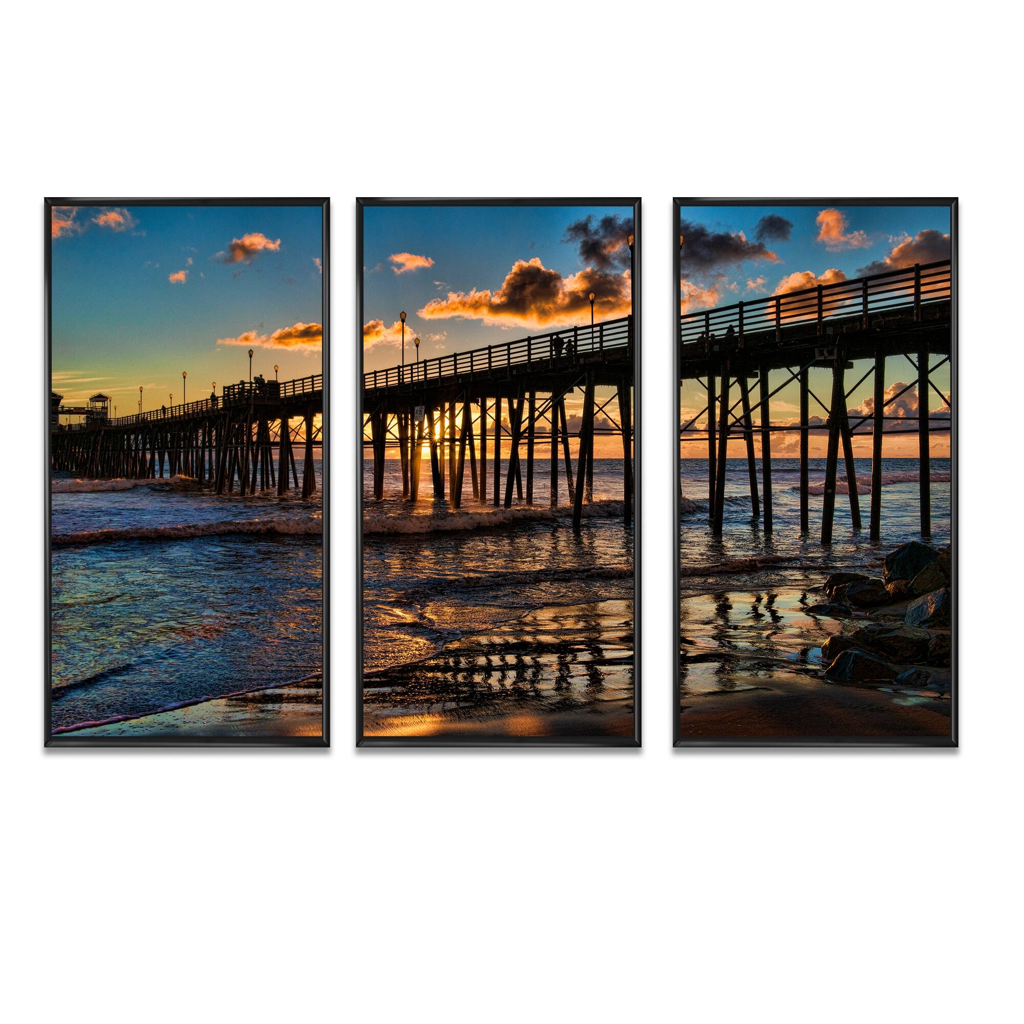 Designart "Pacific Ocean Sunset Oceanside Pier" Sea & Shore Framed Wall Art Set of 3 4 Colors