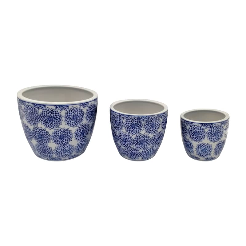 Set of 3 Ceramic Planters Contemporary Vintage Style Blue and White Planters with Chinoiserie Style Design for Home or