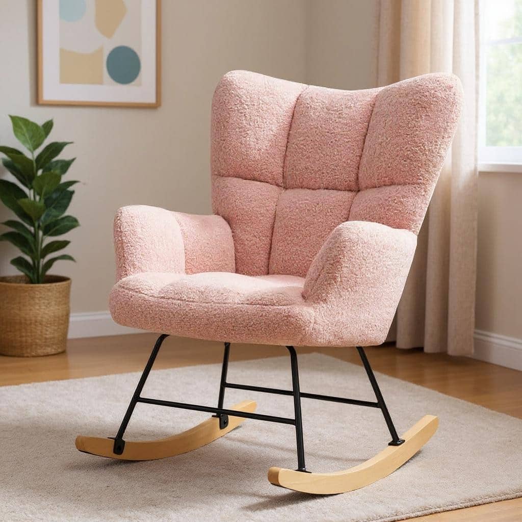 HomeRoots 23" Pink and Black Boucle Steel And Wood Glider Rocking Chair - 22.80 in. x 38.98 in. x 33.61 in.