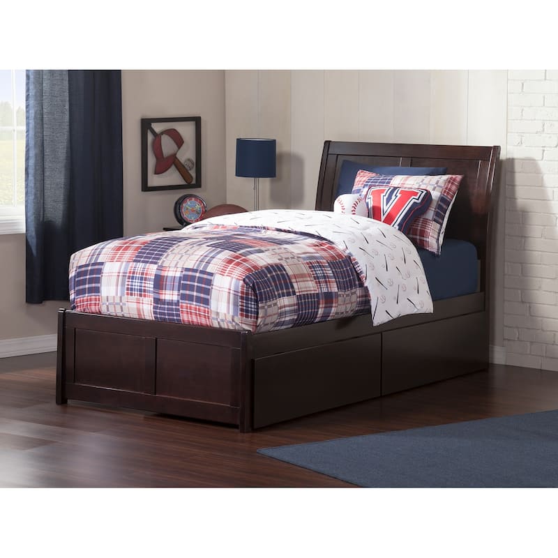Natural Wood Platform Bed with Drawers - Modern Sleigh Style Bed Frame - Full, Queen, King Sizes