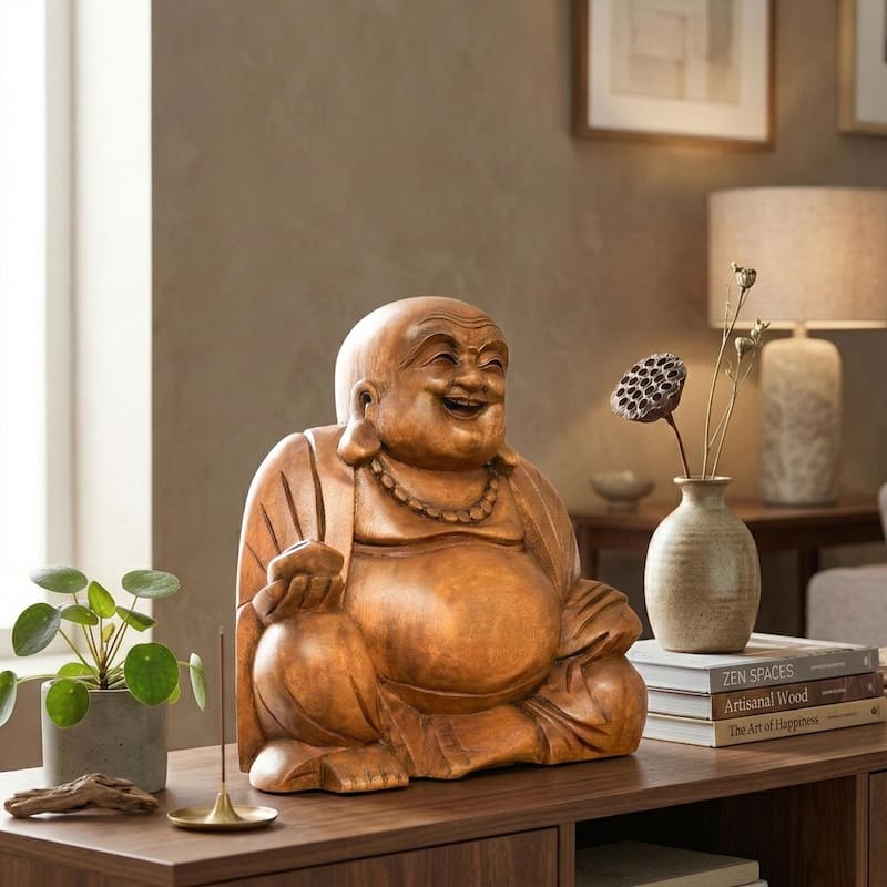 Wooden Laughing Happy Buddha Statue Hand Carved Smiling Sitting Sculpture Handmade Figurine Decorative Home Decor Handcrafted