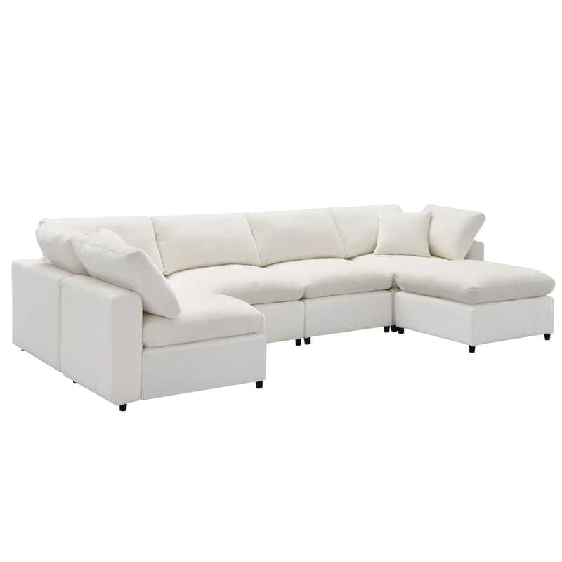 Beige 130" Chenille Cloud Upholstered Modular U-Shaped Sleeper Sectional Sofa, 6-Piece Free Combination with Removable Ottoman