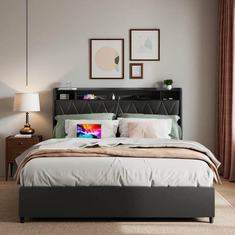 Queen Size Metal Bed Frame with Ergonomic Headboard, Built-in Outlets & Charger, Storage Shelf, Noise-Free Platform Bed - Black - Queen