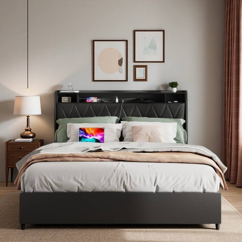 Queen Size Metal Bed Frame with Ergonomic Headboard, Built-in Outlets & Charger, Storage Shelf, Noise-Free Platform Bed