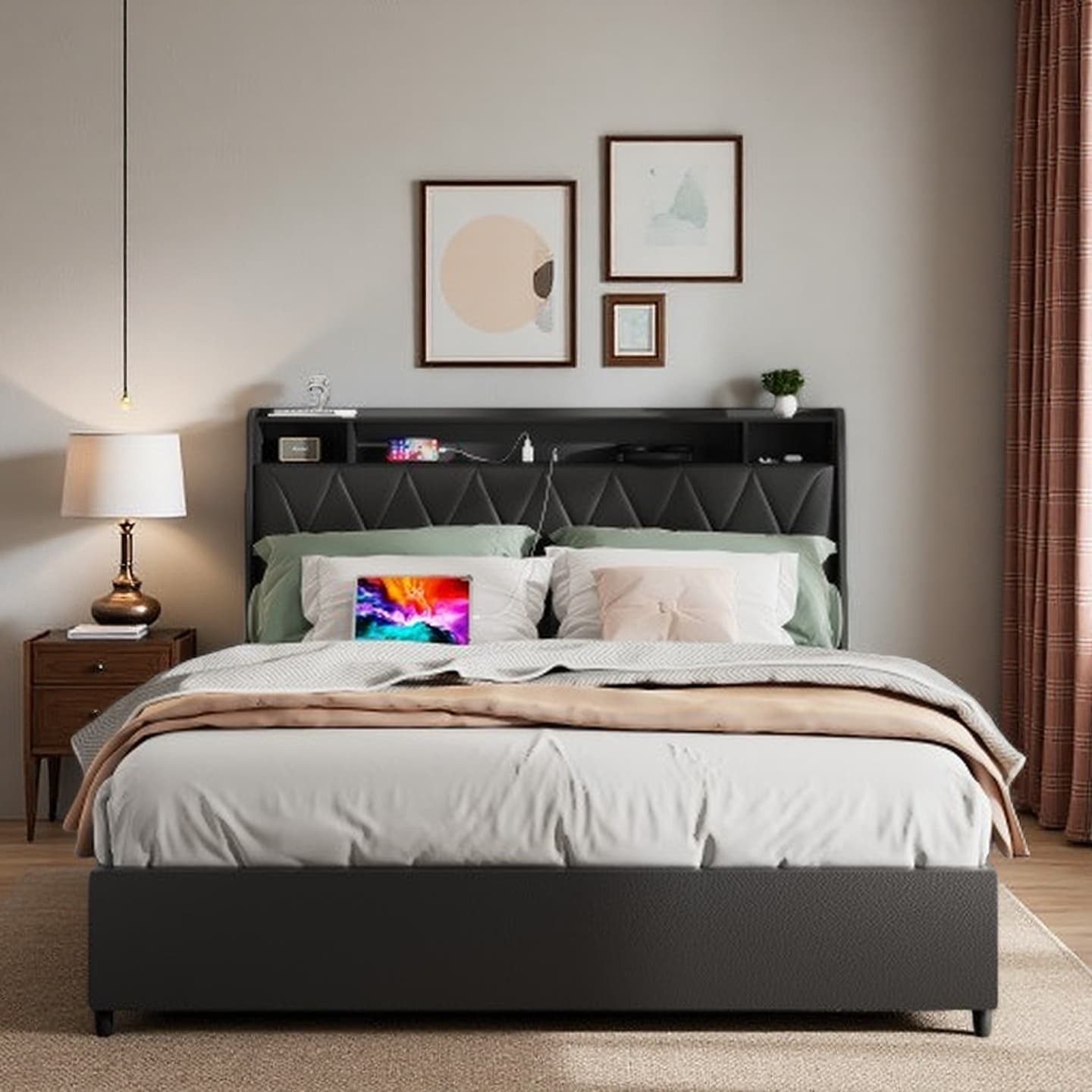 Queen Size Metal Bed Frame with Ergonomic Headboard, Built-in Outlets & Charger, Storage Shelf, Noise-Free Platform Bed